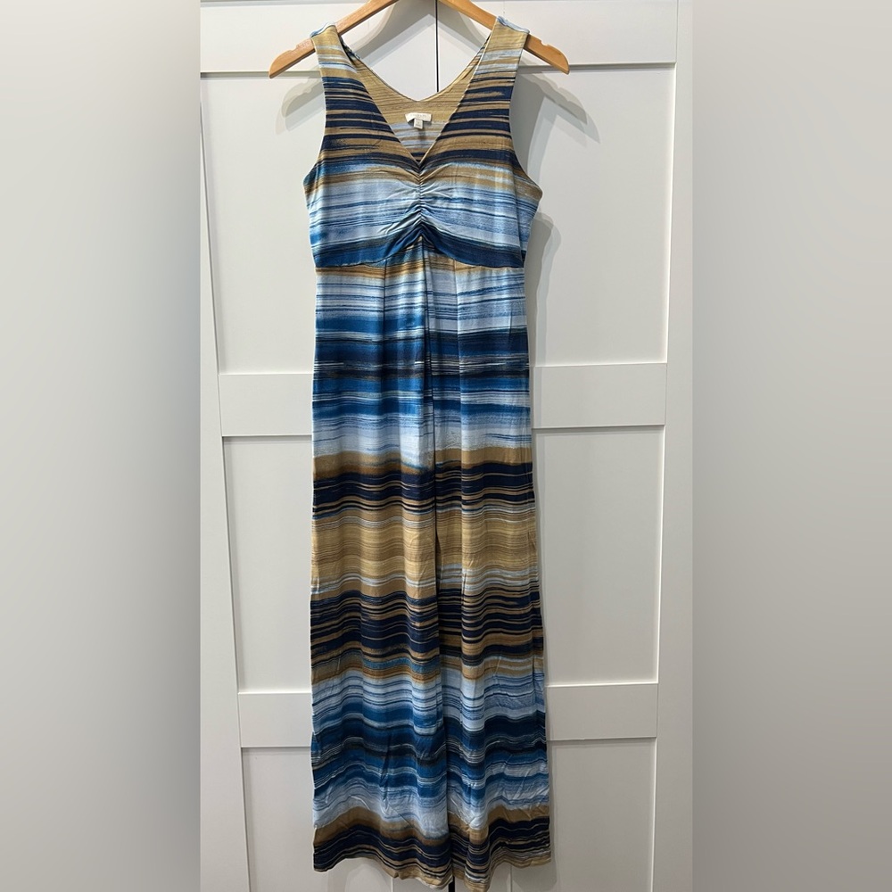 Talbots Blue Tan Ombré Sleeveless V-Neck Jersey Knit Maxi Dress Size Small